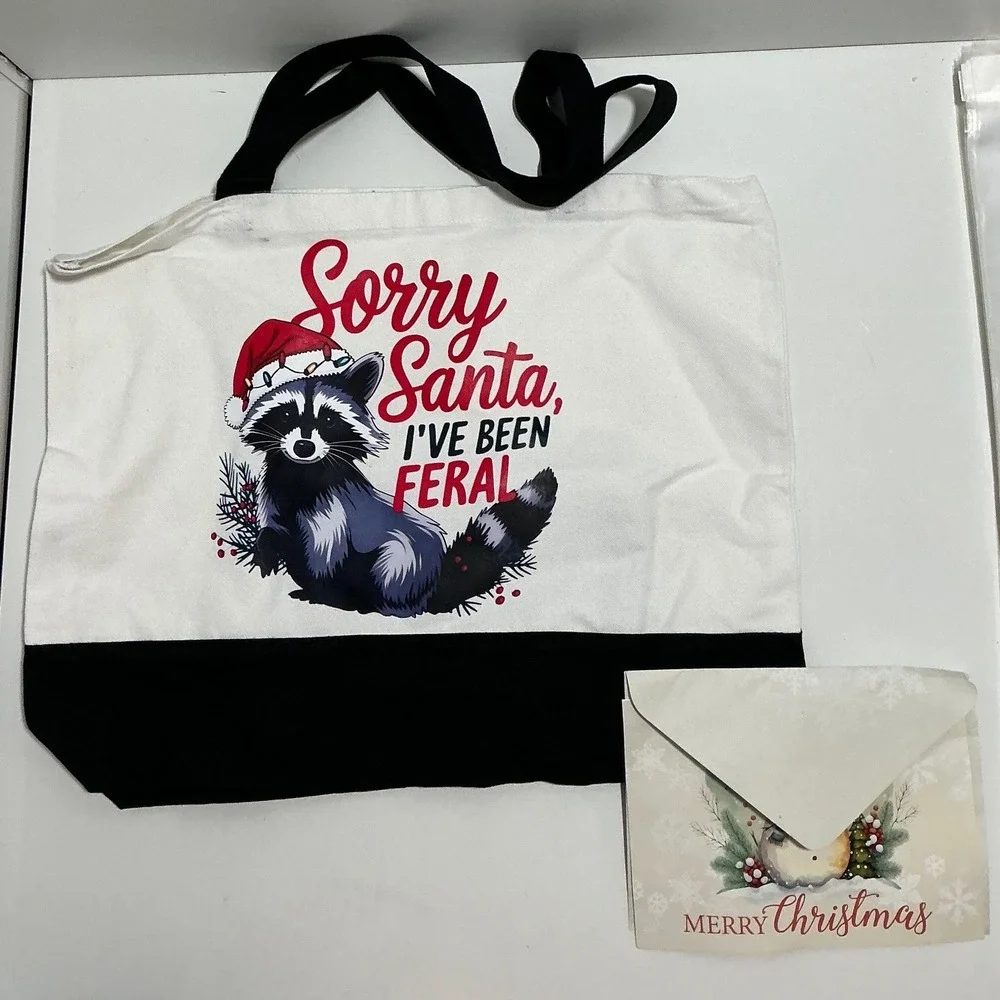 Sorry Santa I've Been Feral Raccoon Canvas Tote Bag Black White Christmas Funny